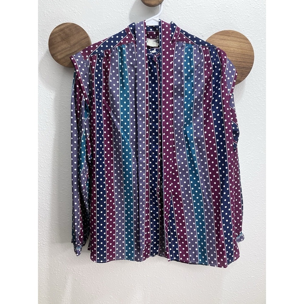 Vtg 80s‎ Evan Picone Sz 14 PTP 44" Polka Dot Stripe Button Up Blouse Jewel Tones